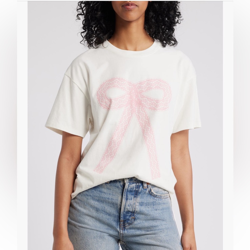 New Vinyl Icons Pink Lace Bow Boyfriend Tee Shirt Size Large